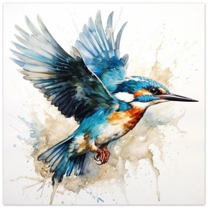 Impression aquarelle Martin-pêcheur en plein vol