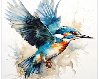 Kingfisher in mid flight Watercolour Print