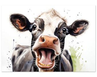 Happy Cow Watercolour, Painting, Print, Poster, Picture, Wall Art, Decor, House Warming Gift