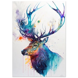 Stags Head Rainbow Watercolour Painting, Print, Poster, Picture, Wall Art, Décor