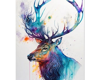 Cabeza de ciervo arcoíris, acuarela, impresión, póster, imagen, arte mural, decoración