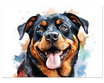 Könnte beinhalten: Ein Aquarellbild eines Rottweilers mit braunem und schwarzem Fell. Der Hund lächelt mit herausgestreckter Zunge. Der Hintergrund ist ein Aquarell in Blau, Grün und Braun.