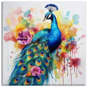 Une splendeur royale : une danse de couleurs captivante - Aquarelle paon sur toile, peinture, impression, poster, art mural, décoration