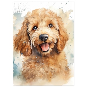 May include: A watercolor painting of a light brown poodle with a happy expression. The dog has a pink tongue sticking out and is surrounded by blue and white watercolor splatters.