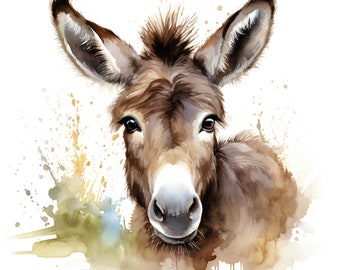 Donkey Adorable Printable, Digital Download, Clip Art, Watercolour, Painting, Print, Poster, Wall Art, Décor