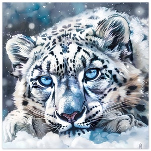 Snow Leopard Watercolour Print, Laid down in the snow