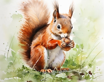 Red Squirrel Watercolor Painting, Woodland Animal Print (Digital Download)