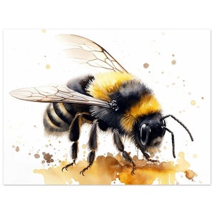 May include: A watercolor painting of a bumblebee with black and yellow stripes, standing on a brown surface with yellow watercolor splatters.