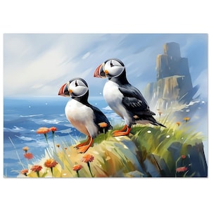 Puffin Watercolour Print of two Puffins on the cliff