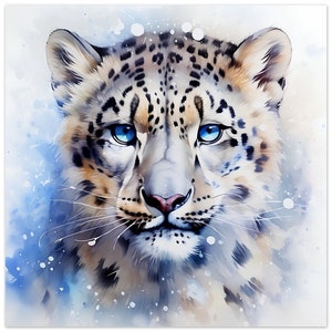 Snow Leopard Watercolour. Blue Eyes Painting, Print, Poster, Picture, Wall Art, Décor