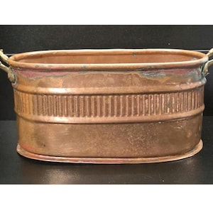 Antique Handmade Copper Planter Jardiniere Brass Handles Oval Pot