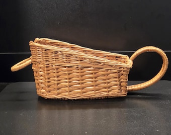 Vintage Wicker Wine Bottle Pouring Cradle - Handwoven Rattan Wine Basket - Mid Century Boho Bar Cart Decor, French Country Sommelier Caddy