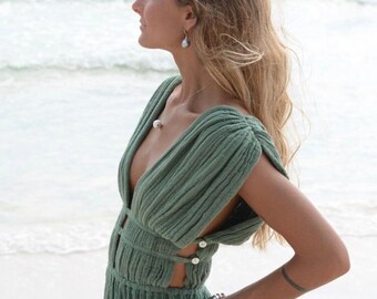 Boho Dress Tulum Noa • Vestido diosa griega algodón organico • Boda vestido • Pintado a mano • Vestido largo bohemio verde• Vestido playa