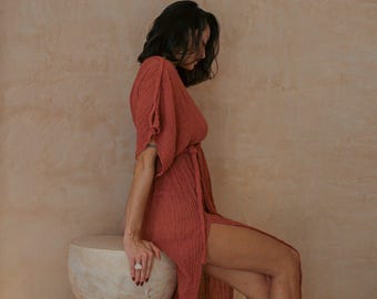 Vestido bohemio Tulum kaftan Anais Vestido diosa griega algodón orgánico Boda Pintado a mano Vestido largo bohemio Vestido playa