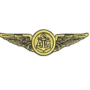 May include: A gold-colored aviator wings badge with a black anchor and the letters "ALC" inside a circle.