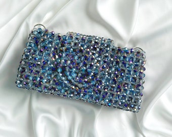 Bolso bandolera, bolso de noche, bolso clutch azul, bolso formal, bolso elegante, bolso mujer, bolso clutch cristal, bolso joya