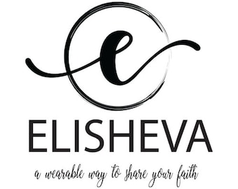 Può includere: Logo in bianco e nero con la lettera "E" in un cerchio e la parola "ELISHEVA" sotto. Il testo "a wearable way to share your faith" è sotto il logo.