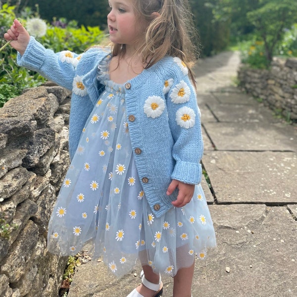 Daisy Tutu Dress, Tulle Flower Dress, Blue Daisy Tulle Dress, Baby Tulle Dress, Toddler Dress with Flowers, First Birthday Dress