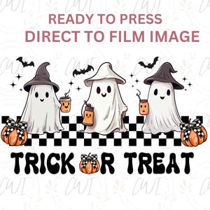 Halloween It&#39;s Trick Or Treat Pronto para Pressionar, Transferência DTF da Temporada Assustadora, Transferência DTF do Boo Halloween, Fantasma Fofo DTF, Transferência do Boo Halloween