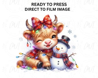 Christmas Highland Cow, Snowman, Red Bow and Scarf, Holiday Lights, Holiday Season, XMas, DTF Transfer, Direct To Film