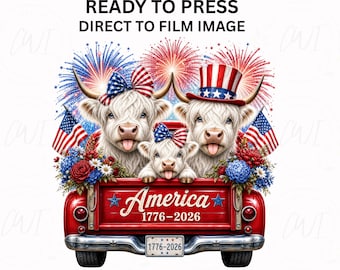 Vatertlische Kuh Dtf Transfer bereit zum Pressen Highland Kuh USA Unabhängigkeitstag Shirt Design Amerika 1776 2026 Vierter Juli Dtf Patronisch