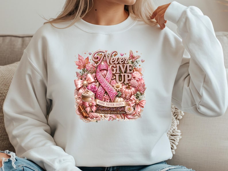 May include: A white crewneck sweatshirt featuring a central graphic design with a pink awareness ribbon, the text "Never Give Up," "Hope Never Fades," "Together We Fight," and "Strength In Every Season," surrounded by pink flowers, bows, and pumpkins.