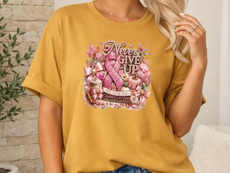 May include: A mustard yellow t-shirt featuring a graphic print with a pink ribbon, flowers, pumpkins, and bows. The text reads Never Give Up, Hope Never Fades, Together We Fight, and Strength In Every Season in a decorative, glittery font style.
