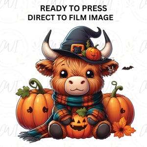 Halloween Highland Cow DTF Transfer, Cow With Hat, Pumpkins, Fall Seasonal, DTF Prints,  Image Transfer, Direct To Film Transfer