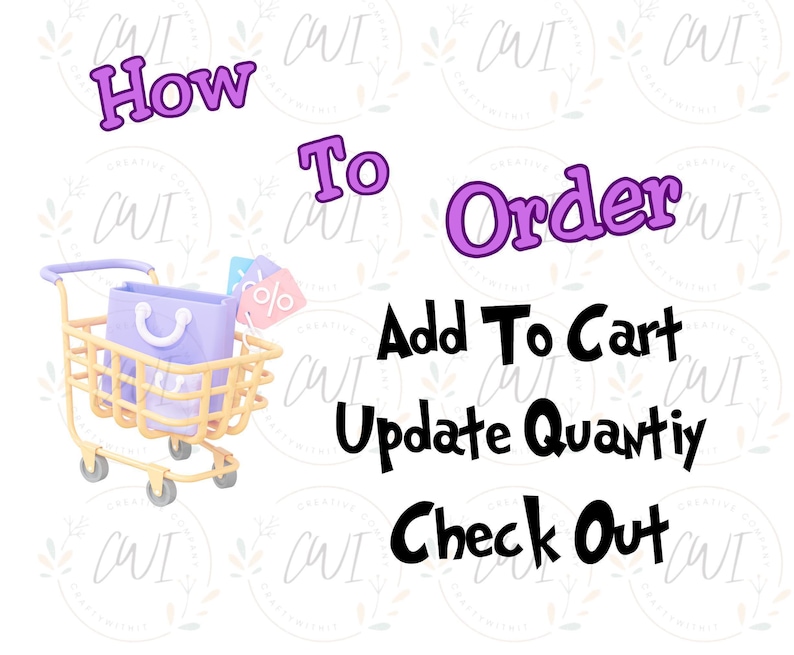 May include: A graphic featuring a light yellow shopping cart containing a purple shopping bag with two small pink discount tags. The text reads: How To Order, Add To Cart, Update Quantiy, Check Out. The background has a faint repeating logo.