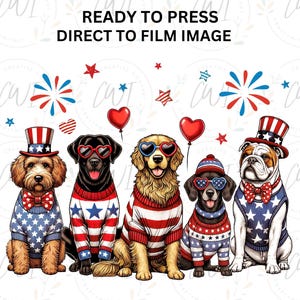 Patriotic Dogs, 4th Of July, Red White Blue, DTF Transfer ready to press, DTF Prints, Heat Transfers,  Direct To Film Transfer