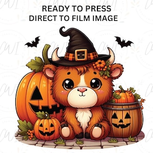 Halloween Highland Cow DTF Transfer, Cow With Hat, Pumpkins, Fall Seasonal, DTF Prints,  Image Transfer, Direct To Film Transfer