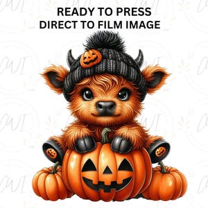Halloween Highland Cow DTF Transfer, Cow With Hat, Pumpkins, Fall Seasonal, DTF Prints,  Image Transfer, Direct To Film Transfer