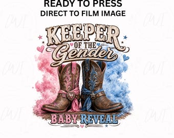 Transferencia para revelación de género, diseño DTF, listo para prensa de calor, gráfico para baby shower, anuncio de embarazo, temática western, botas de vaquero, fiesta ranchera rosa y azul