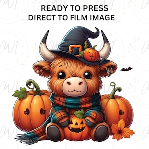 Halloween Highland Cow DTF Transfer, Cow With Hat, Pumpkins, Fall Seasonal, DTF Prints,  Image Transfer, Direct To Film Transfer