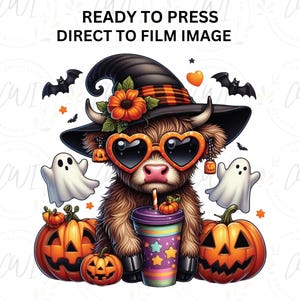 Halloween Highland Cow DTF Transfer, Cow With Hat, Pumpkins, Fall Seasonal, DTF Prints,  Image Transfer, Direct To Film Transfer