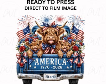 Patriotic highland cow dtf transfer America 1776 2026 Fourth of July ready to press USA independence day shirt design