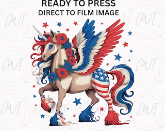 Transferencia termoadhesiva lista para planchar con diseño de unicornio patriótico, camiseta con unicornio rojo, blanco y azul, ideal para el 4 de julio.