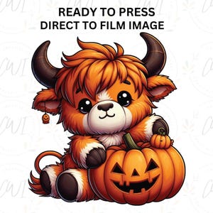 Halloween Highland Cow DTF Transfer, Cow With Hat, Pumpkins, Fall Seasonal, DTF Prints,  Image Transfer, Direct To Film Transfer