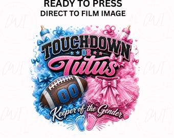 Diseño de camiseta con transferencia de transferencia térmica para revelación de género, diseño para baby shower, gráficos para fiesta de anuncio de bebé de deportes y baile, tutú de ballet Touchdown