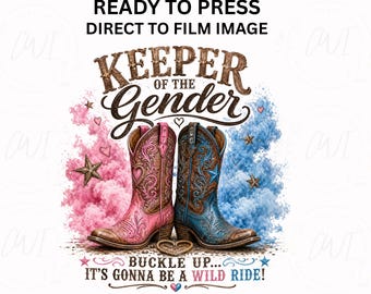 Transferencia para revelación de género, diseño DTF, listo para prensa de calor, gráfico para baby shower, anuncio de embarazo, temática western, botas de vaquero, fiesta ranchera rosa y azul