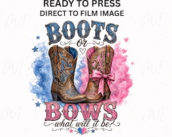 Transferencia para revelación de género, baby shower estilo western, diseño de bota vaquera, gráfico termoadhesivo, imagen de camiseta de anuncio de vaquera, niño o niña, evento o fiesta