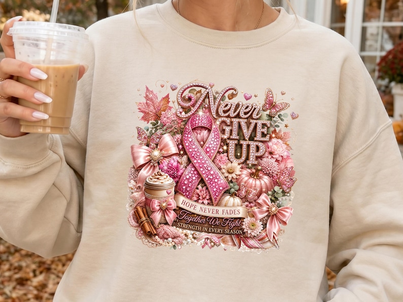 May include: A beige crewneck sweatshirt featuring a graphic print of a pink breast cancer awareness ribbon, a coffee cup, pumpkins, bows, and autumn leaves. The text reads: Never Give Up, Hope Never Fades, Together We Fight, Strength In Every Season.