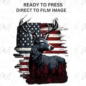 Ciervo con bandera estadounidense, temporada, transferencia DTF, transferencia de ciervos, impresiones DTF, transferencias térmicas, transferencia de imágenes, transferencia directa a película