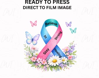 がん治療を信じようリボンDTF転写、啓発シャツデザイン、フィルムに直接熱転写できる既製
