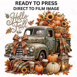 Autumn Pumpkin Truck DTF Transfer Faux Rhinestone Hello Fall Ready to Press Western Farmhouse Shirt Heat Transfer Vintage Fall Pumpkin Patch