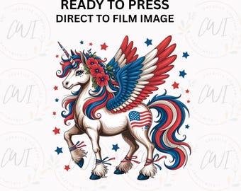 Transferencia DTF de unicornio patriótico, diseño de camiseta del 4 de julio, EE. UU. Listo para prensar.