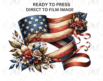 Transferencia DTF de bandera americana rústica para adultos: estilo floral rojo, blanco y azul de madera