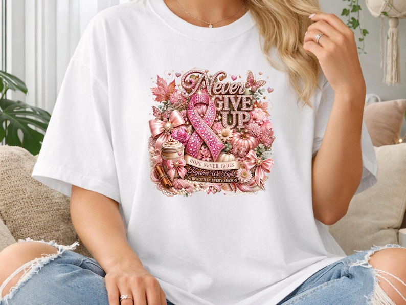May include: A white short-sleeve t-shirt featuring a central graphic with a pink ribbon, autumn leaves, pumpkins, and a coffee cup. The text reads Never Give Up, Hope Never Fades, Together We Fight, and Strength In Every Season in pink and gold.