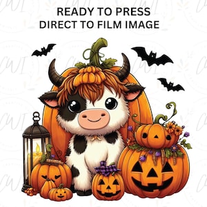 Halloween Highland Cow DTF Transfer, Cow With Hat, Pumpkins, Fall Seasonal, DTF Prints,  Image Transfer, Direct To Film Transfer