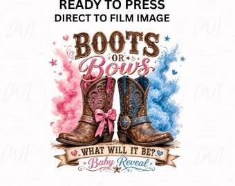Revelación de género Transferencia DTF Baby Shower Estilo western Diseño de bota vaquera Gráfico de prensado térmico Camiseta de anuncio de bebé vaquera Imagen de revelación de niño/niña